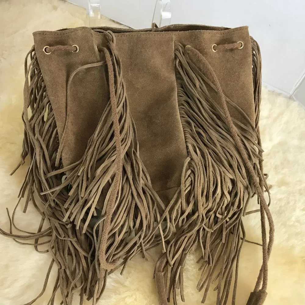 Sopresa tan suede leather fringe backpack
